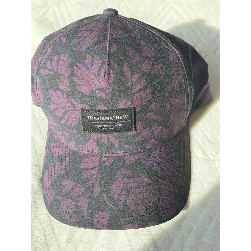 TravisMathew Mens Purple Black Tropical Leaf Snapback Hat Flexfit 110 Eco Cap